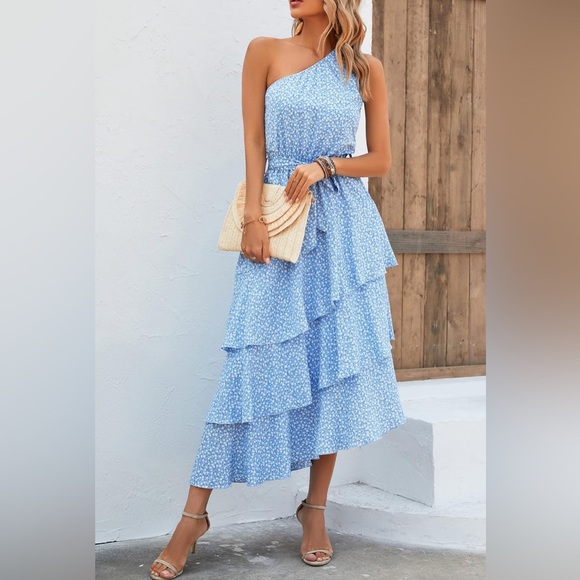 PRETTYGARDEN Floral Sundress Casual One Shoulder Tiered Ruffle Flowy Boho Dress - Picture 6 of 7